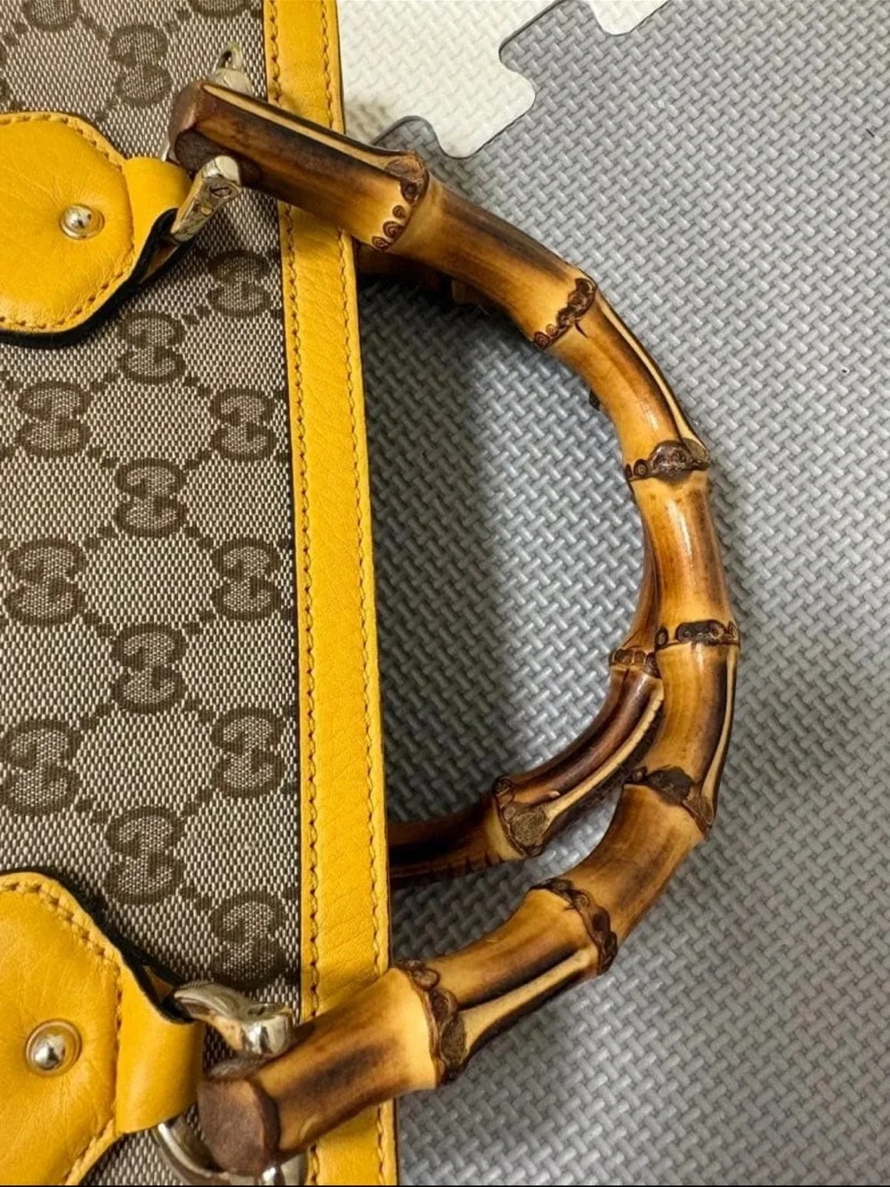 Gucci GG Canvas Shoulder Bag with Yellow Leather & Bamboo Handle